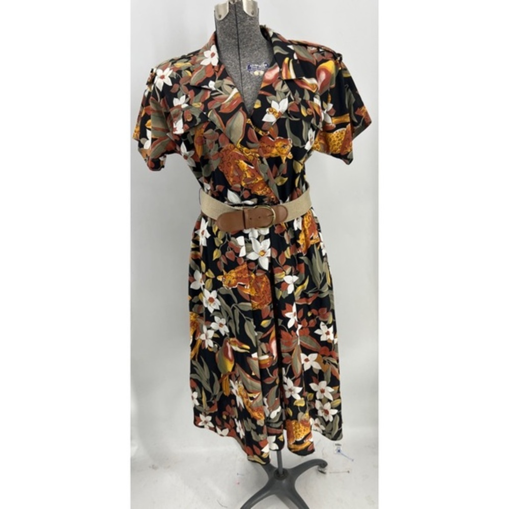 Jenny petite made in the USA vintage tropical leopard toucan floral print dress